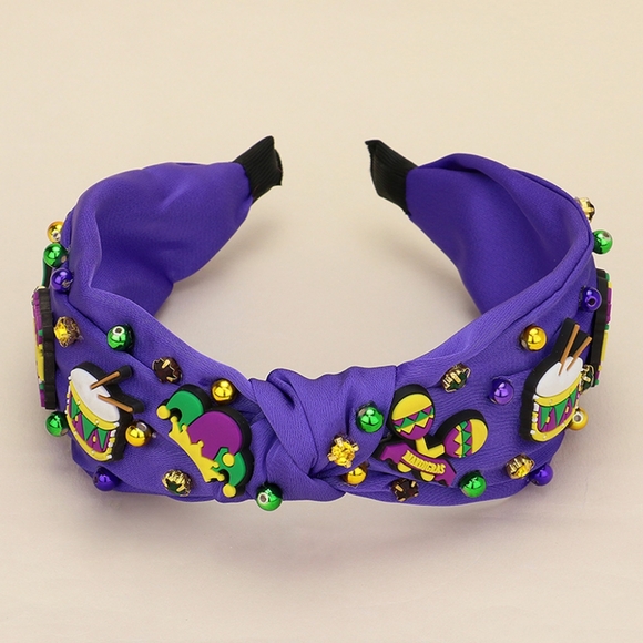 Purple Headband Fleur De Lis Charm Drums Jester Hat Beaded Green Gold Mardi Gras - Picture 2 of 5